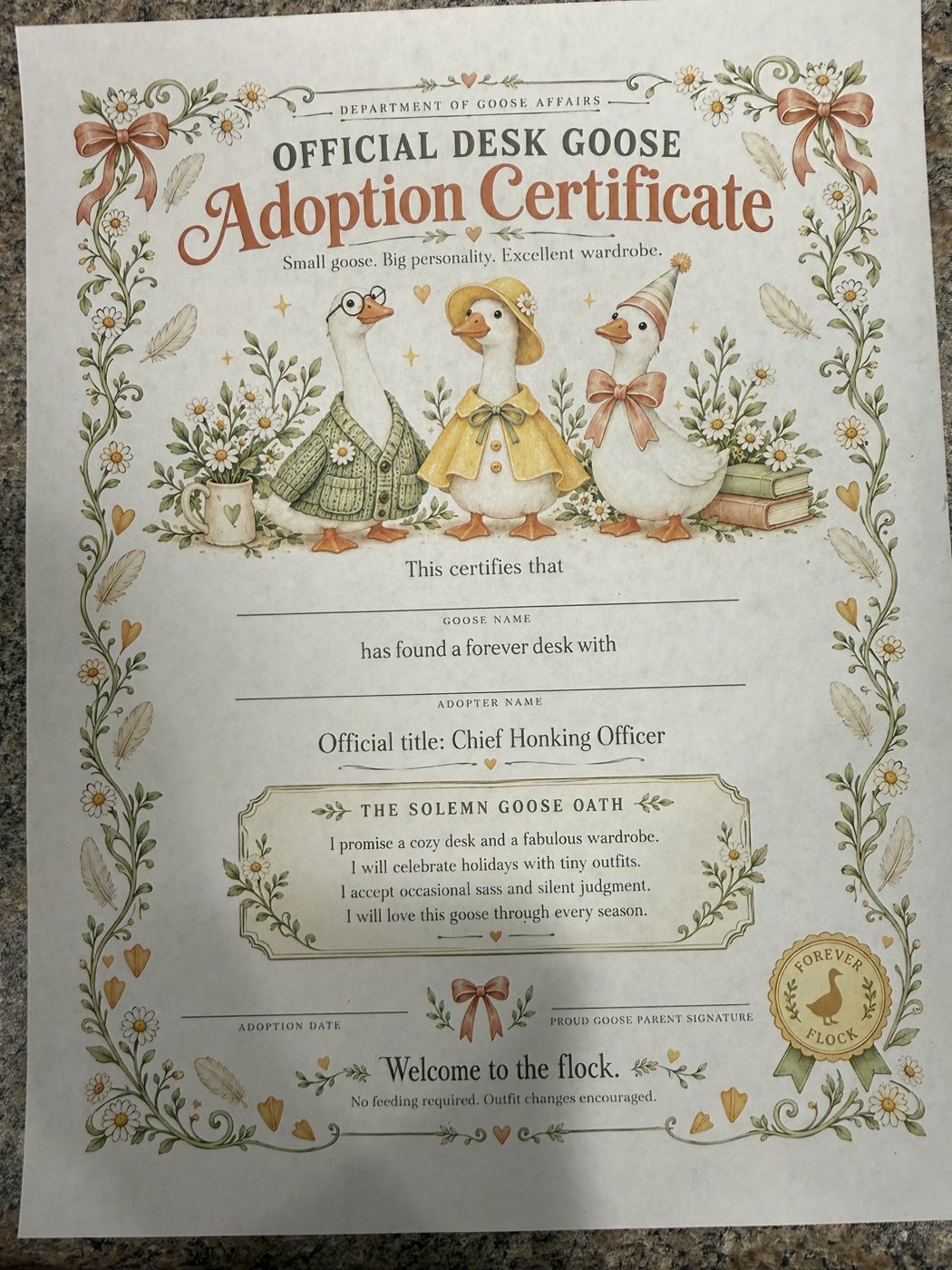Official Desk Goose Adoption Certificate